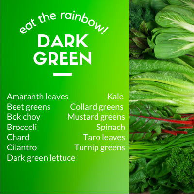 Eat the rainbow: Dark Green Vegges: Amaranth leaves, Dark green lettuce, Mustard greens, Beet greens, Bok choy, Broccoli, Spinach, Chard, Cilantro, Collard greens, Kale, Turnip greens, Taro greens
